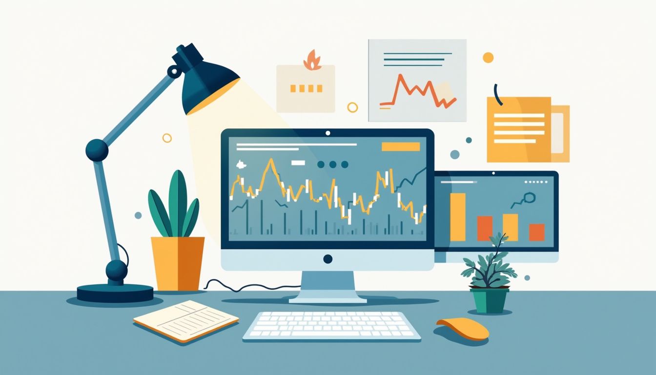 Minimalist trading desk with multiple screens and geometric design elements.