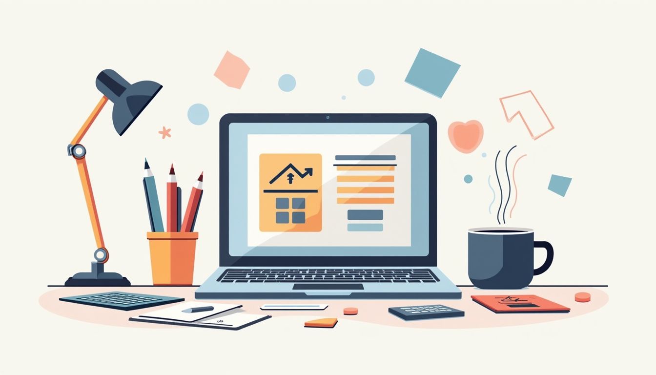 Minimalist desk scene with laptop, papers, pens, calculator, and coffee. Minimalist desk scene with laptop, papers, pens, calculator, and coffee.