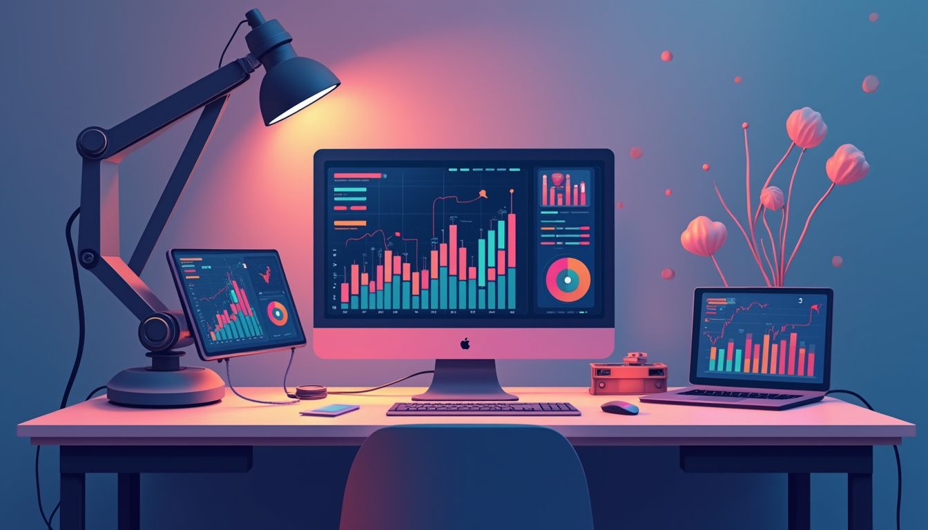 Minimalist illustration of a trading room with advanced technology and forex charts.