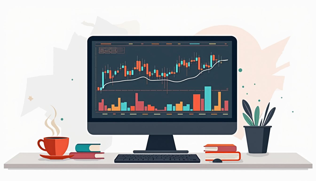Minimalist illustration of a modern workspace with a trading monitor.