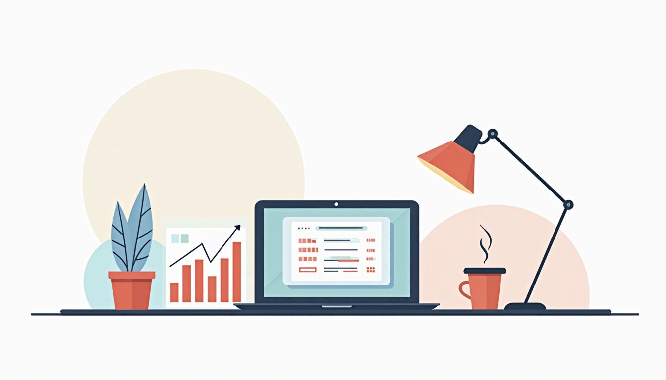 Minimalist workspace with laptop, financial charts, coffee, and pen. Minimalist workspace with laptop, financial charts, coffee, and pen.