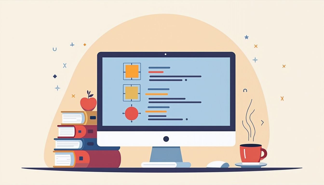 Minimalist workspace illustration with computer, books, coffee, and notepad.