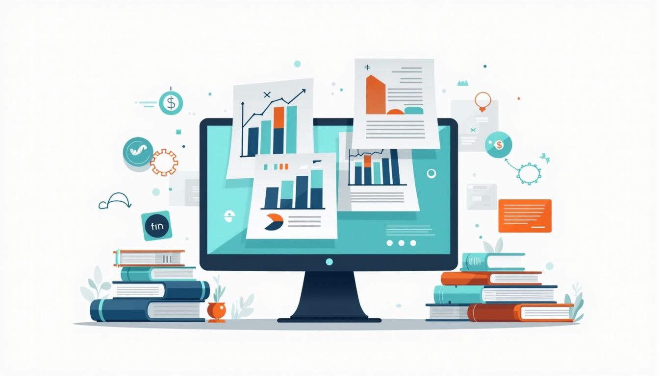 Modern computer workstation with geometric charts and financial books.