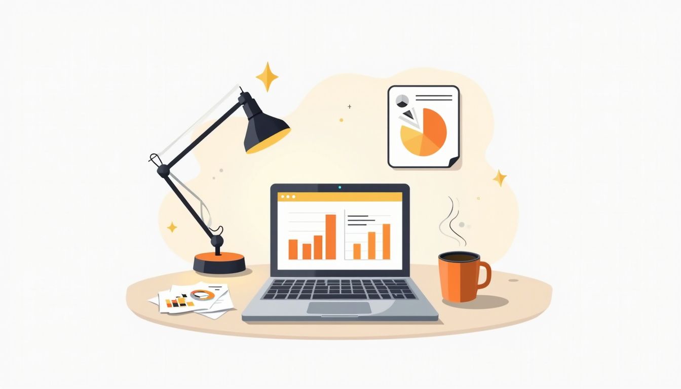 Minimalist desk workspace illustration with laptop, charts, and coffee cup.