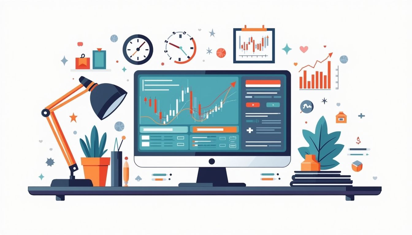 Minimalist vector illustration of a modern Forex trading computer setup.
