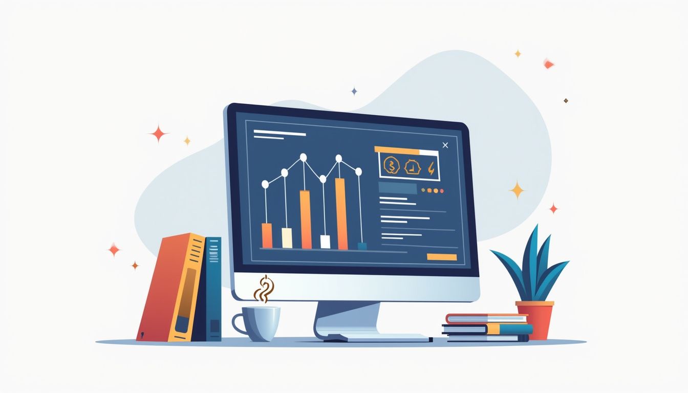 Minimalist modern home office desk with vibrant flat design elements.