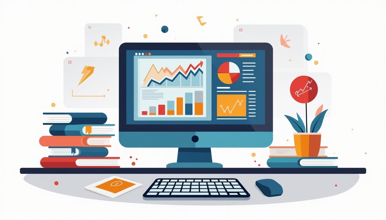 Minimalist flat design of a cluttered trading desk workspace.