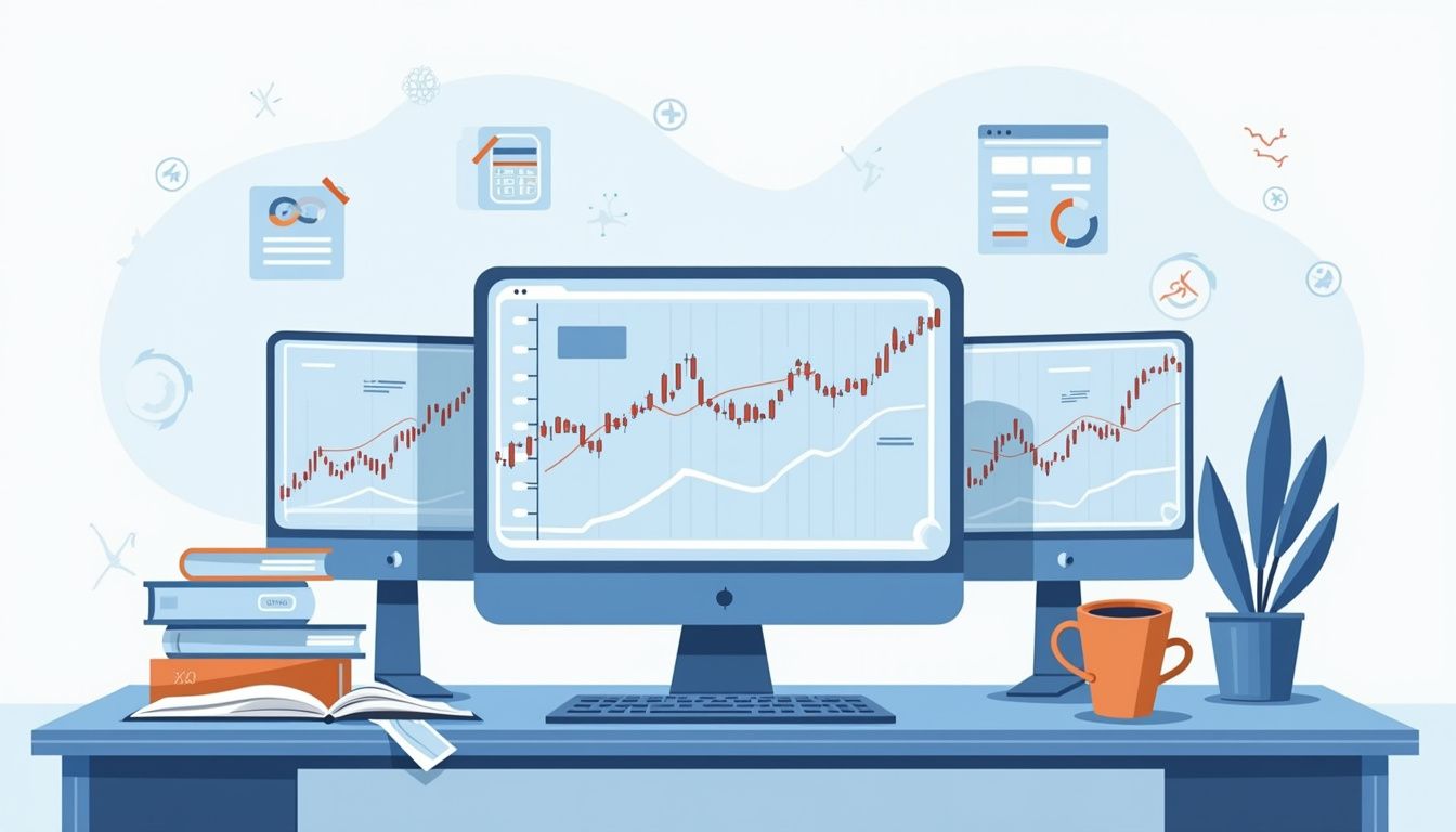 Minimalist trading workspace with monitors, books, and coffee in cool colours.