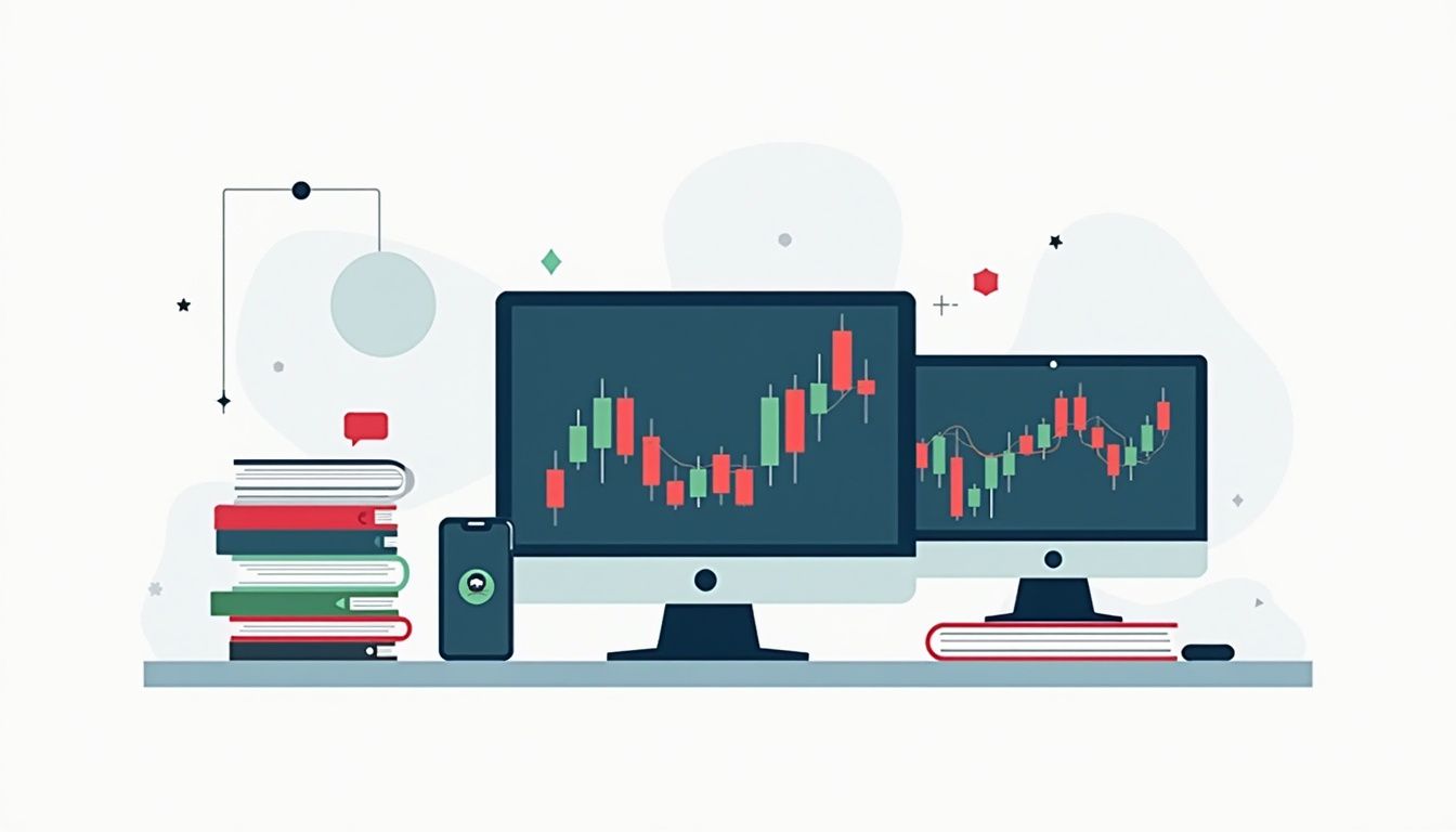 Minimalist workspace with computer screens displaying forex charts and books. Minimalist workspace with computer screens displaying forex charts and books.
