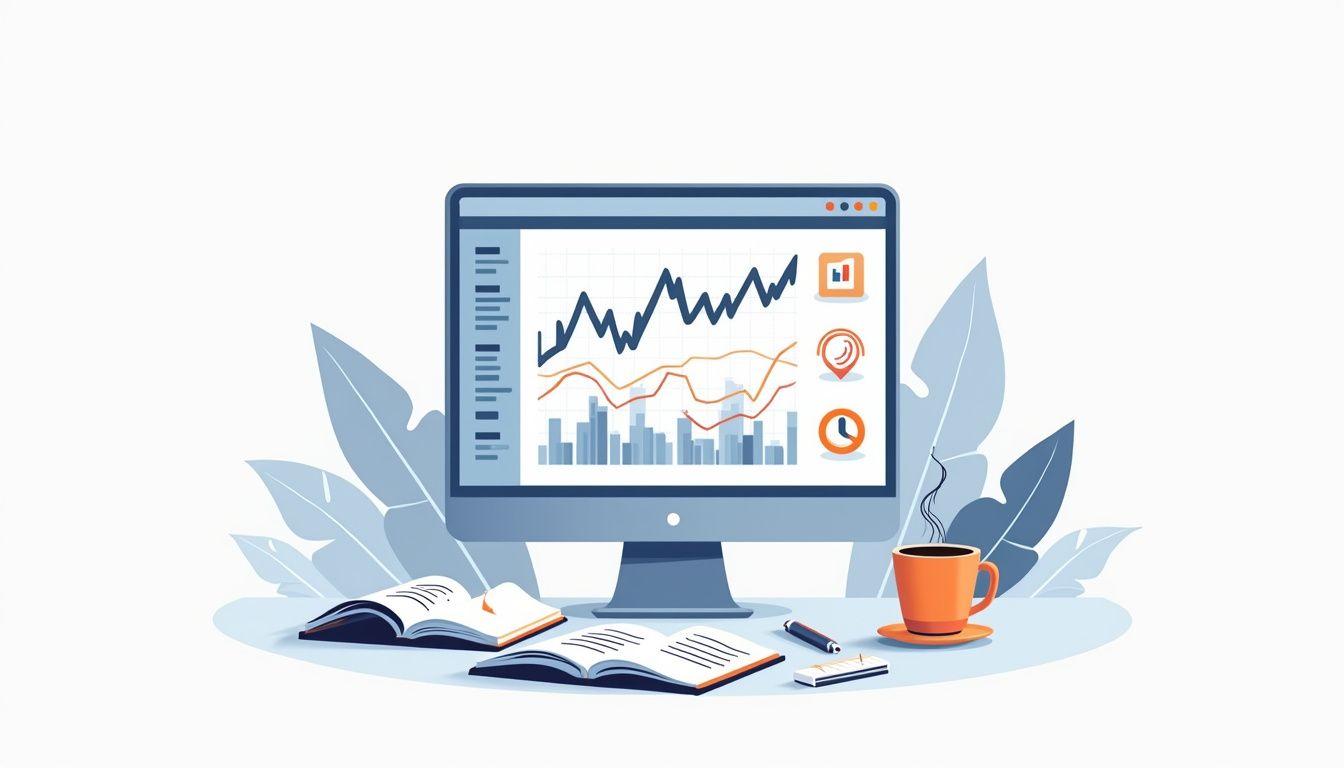 Minimalist workspace illustration featuring a computer, notebooks, and coffee cup.