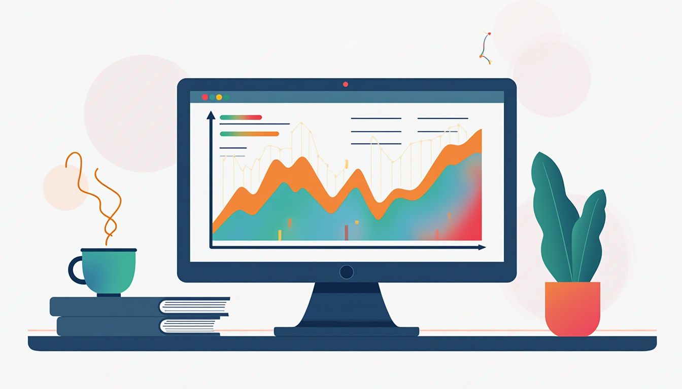 Modern office desk with a computer displaying vibrant forex charts.