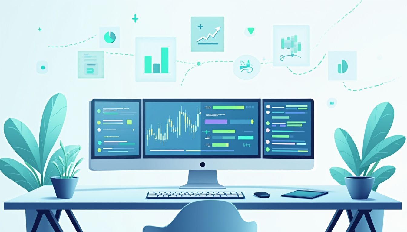 Minimalist vector illustration of a high-tech Forex workstation.