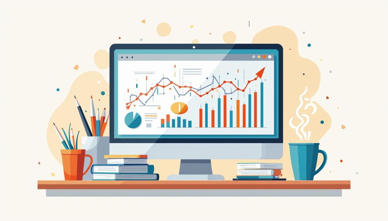 Minimalist vector illustration of a cluttered office desk with forex charts. Minimalist vector illustration of a cluttered office desk with forex charts.