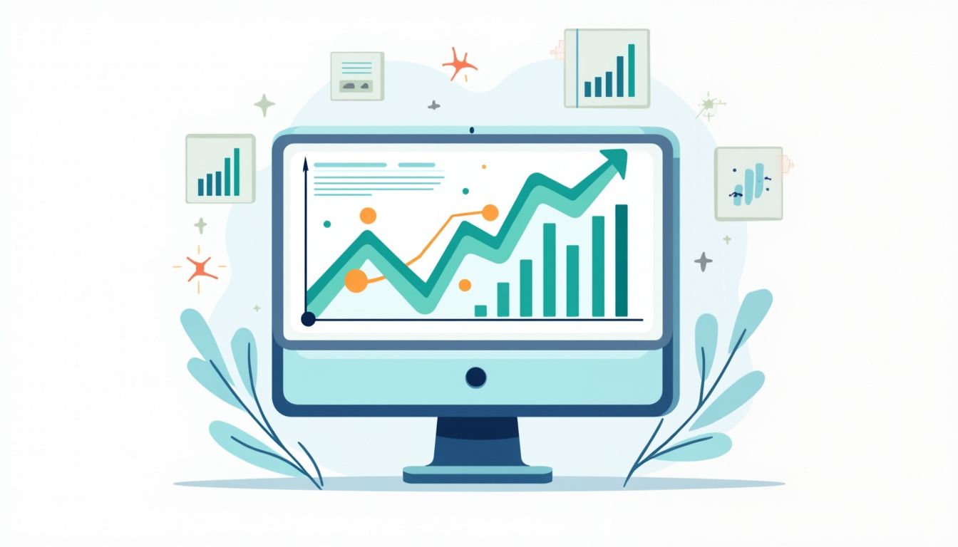 Flat vector illustration of a forex signals bot interface on a computer.