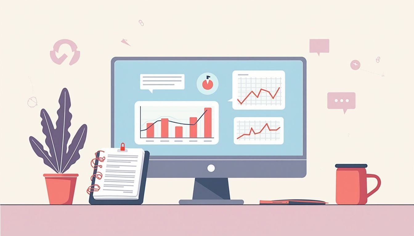 Minimalist office desk scene with modern computer, notebook, and cup.