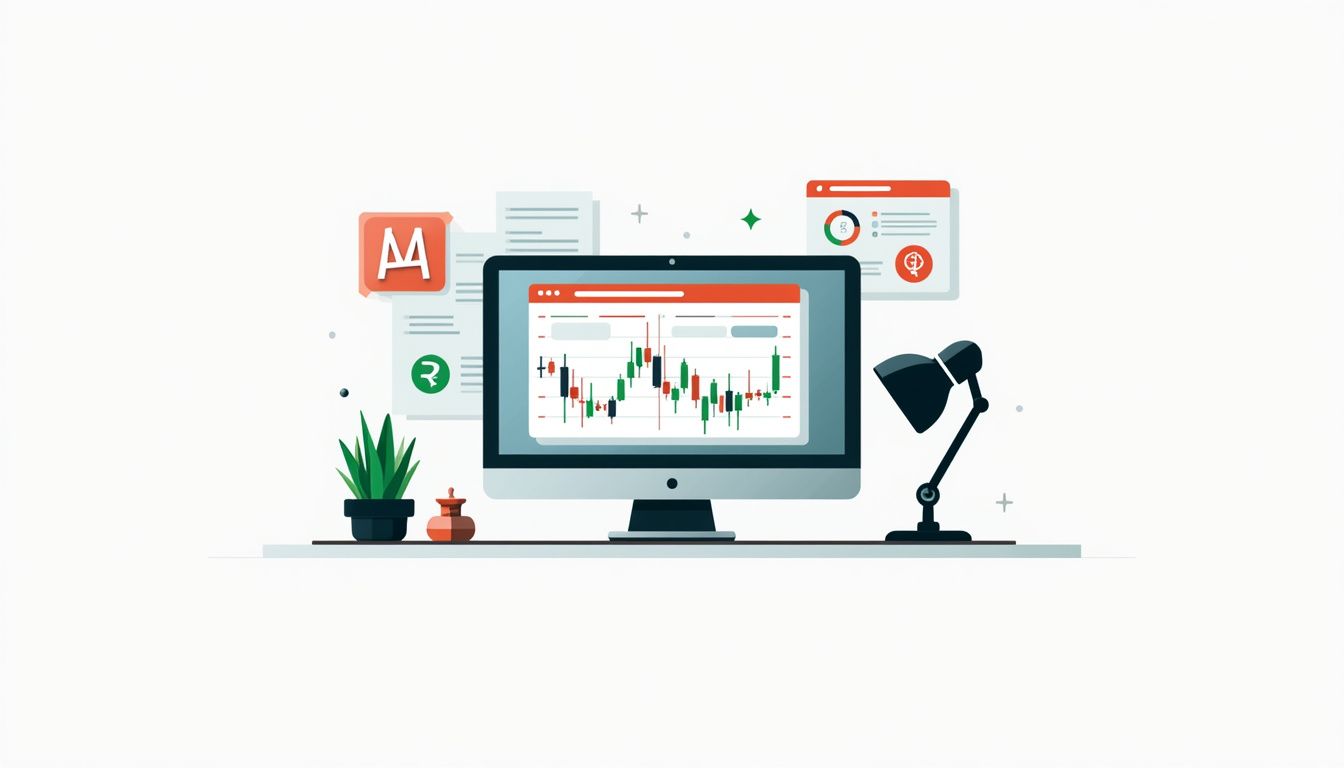Minimalist illustration of a computer displaying forex signals and charts.