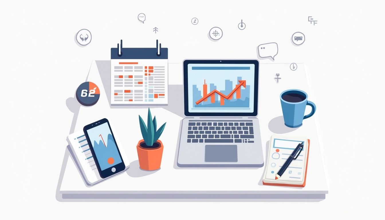 Minimalist vector illustration of a cluttered home office desk. Minimalist vector illustration of a cluttered home office desk.