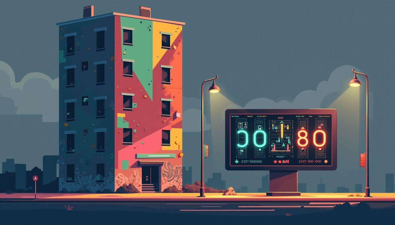 Minimalist urban decay scene with vibrant Forex signals and graffiti.