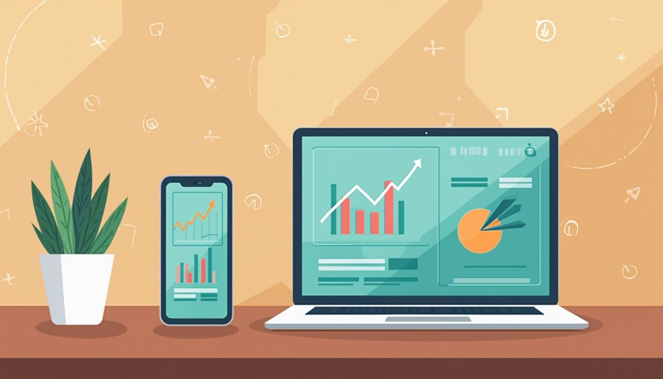 Flat illustration of a smartphone and laptop on a wooden table.