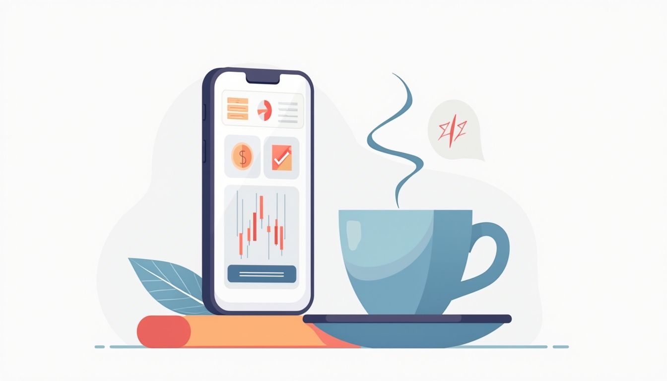 Flat illustration of smartphone displaying Forex Signals Pro app on minimalist desk. Flat illustration of smartphone displaying Forex Signals Pro app on minimalist desk.