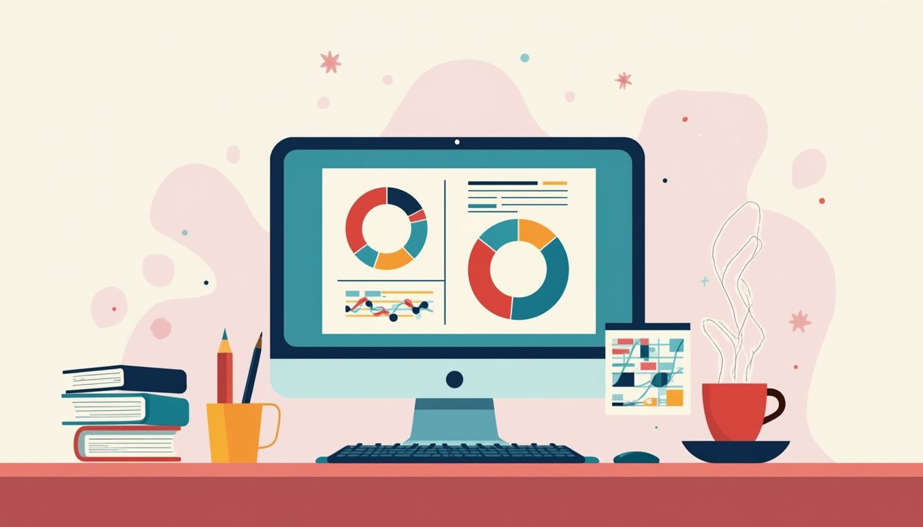 Minimalist flat vector of a cluttered workspace with forex charts.