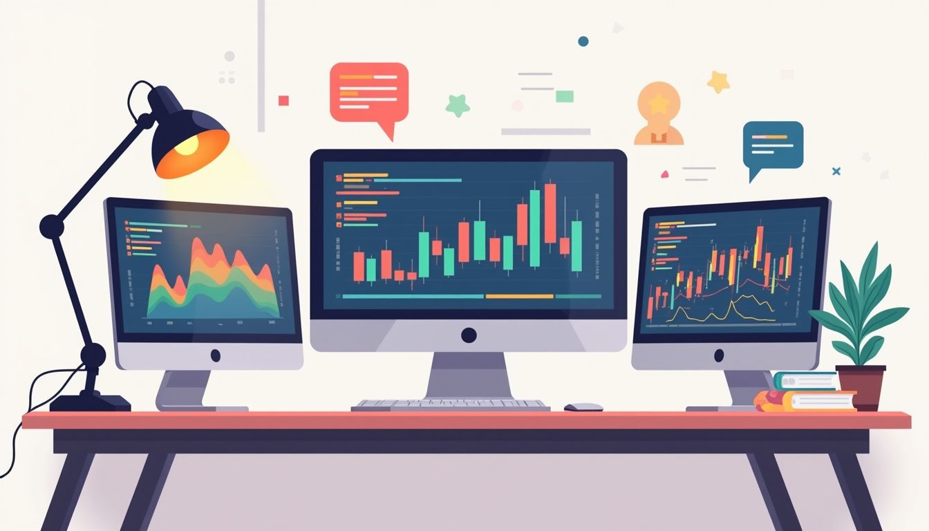 Modern desktop workspace with sleek monitors displaying forex charts and analysis.