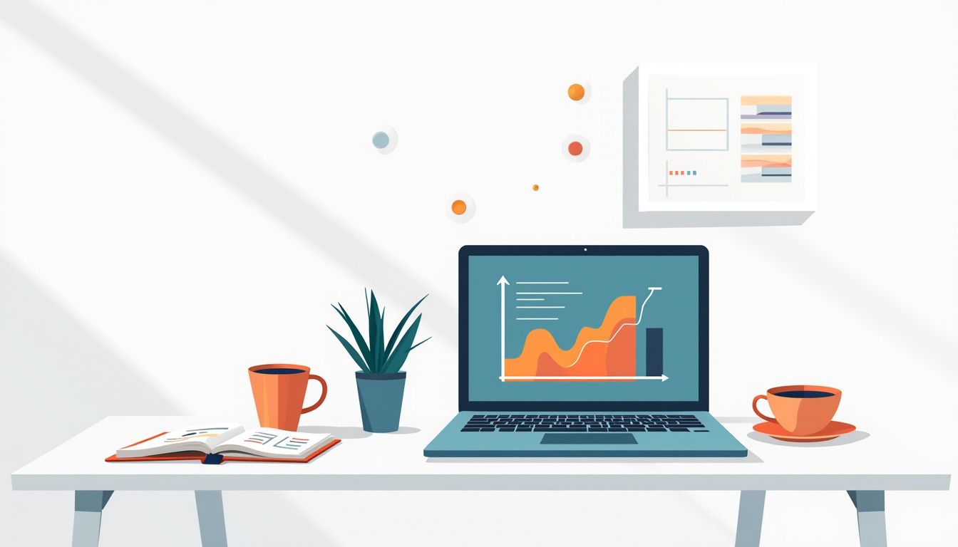 Minimalist vector illustration of a modern workspace with trading elements.