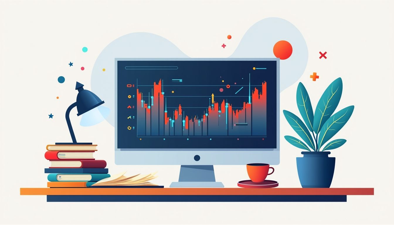 Minimalist flat illustration of a busy trading desk with forex graphs.