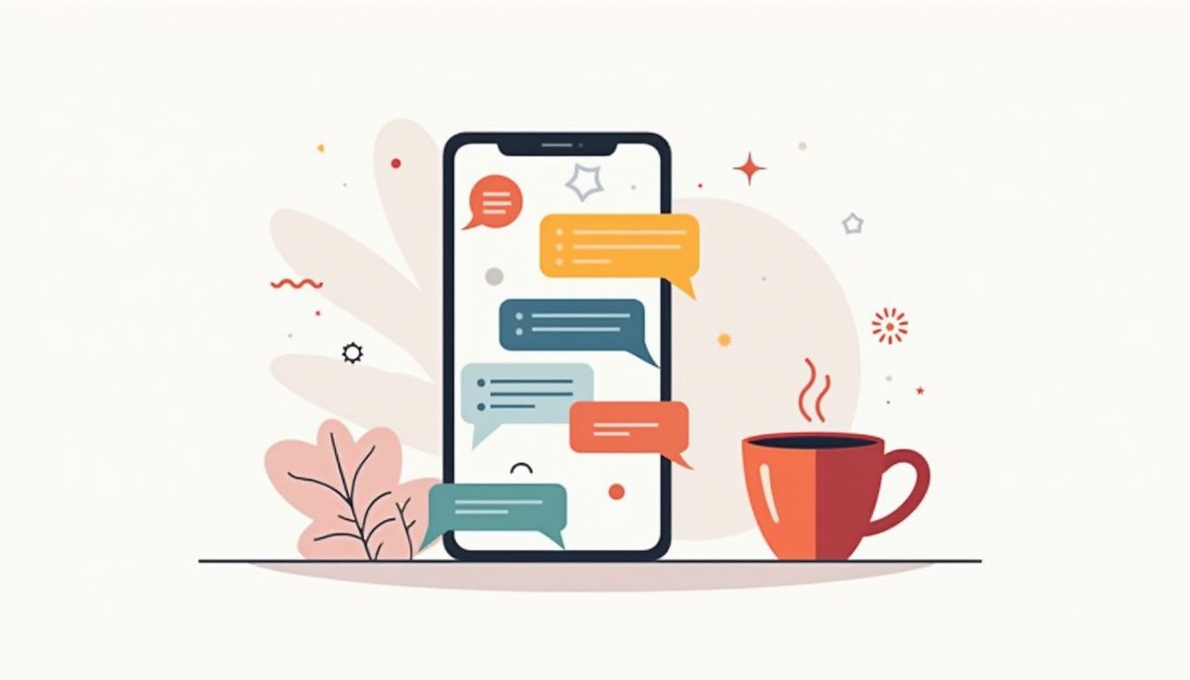 Minimalist vector illustration of a smartphone and coffee cup on white.