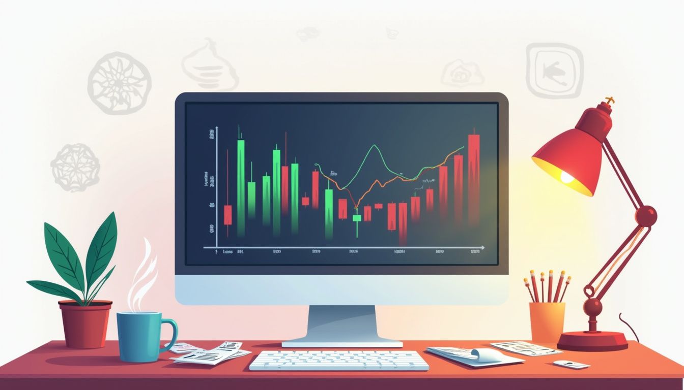 Modern home office workspace featuring a computer and financial icons.