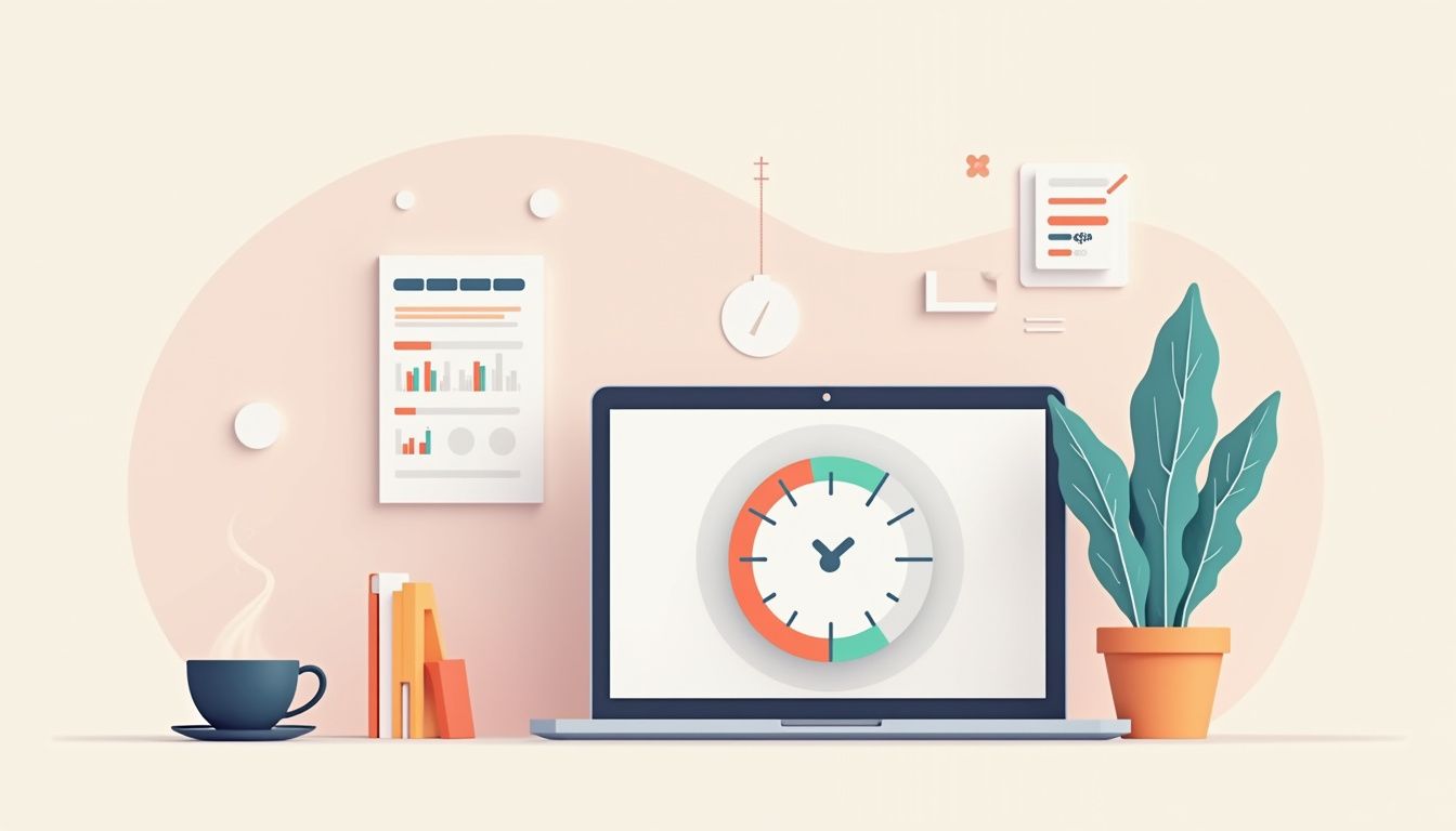 Minimalist workspace illustration with laptop, trading graphs, and coffee cup.