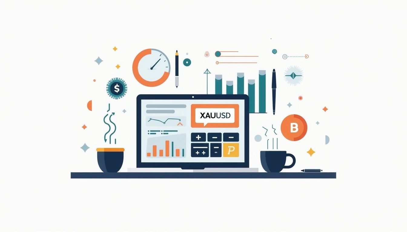 Minimalist vector illustration of an organised modern office desk with finance elements.