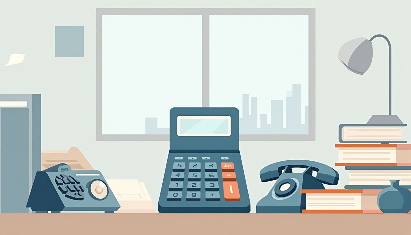 Minimalist flat vector illustration of an FX calculator on a cluttered desk. Minimalist flat vector illustration of an FX calculator on a cluttered desk.