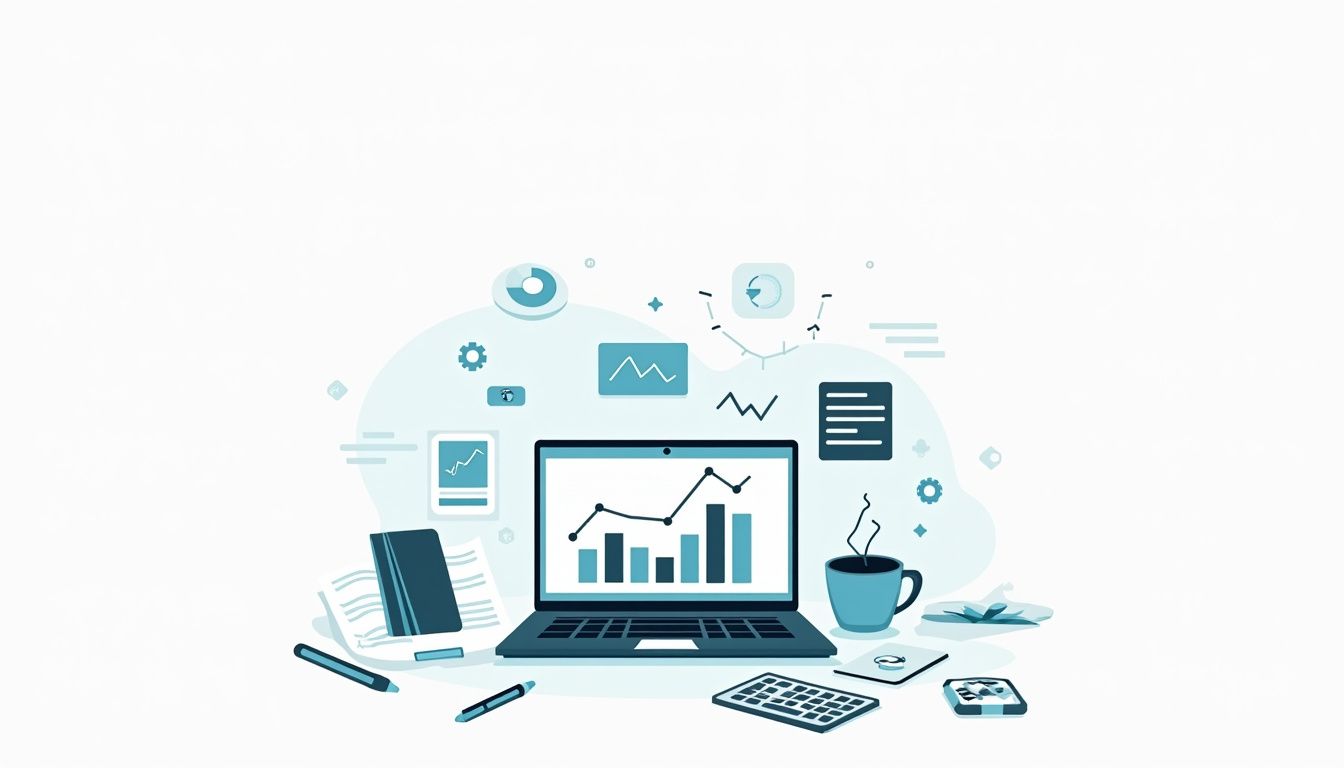 Minimalist flat illustration of a cluttered trading desk scene.