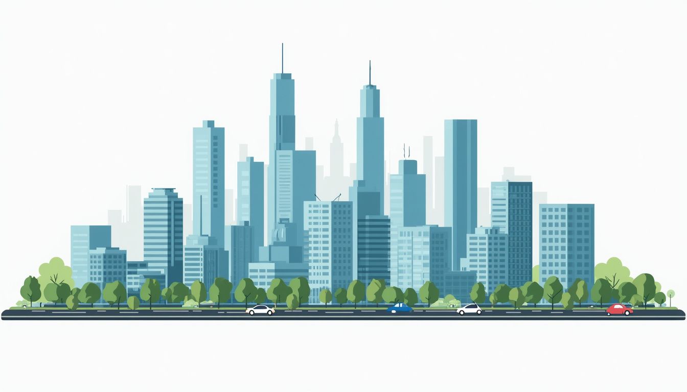 Minimalist aerial city skyline with skyscrapers and simplified green spaces.