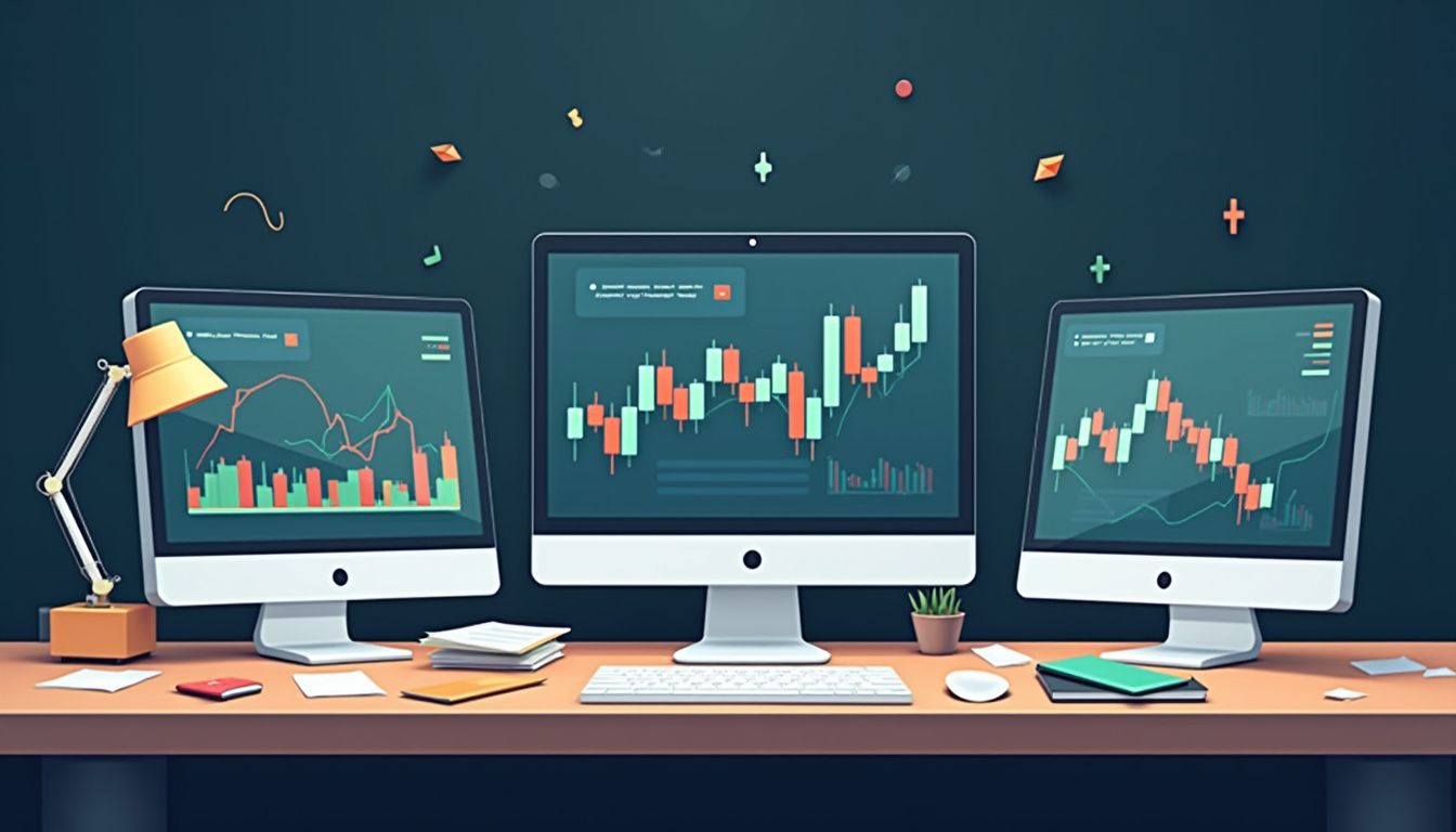 Minimalist workspace with cluttered desk and multiple computer screens displaying trading data.
