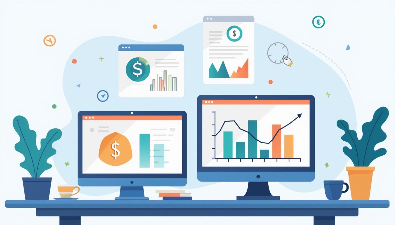 Minimalist flat vector illustration of a modern trading desk setup.