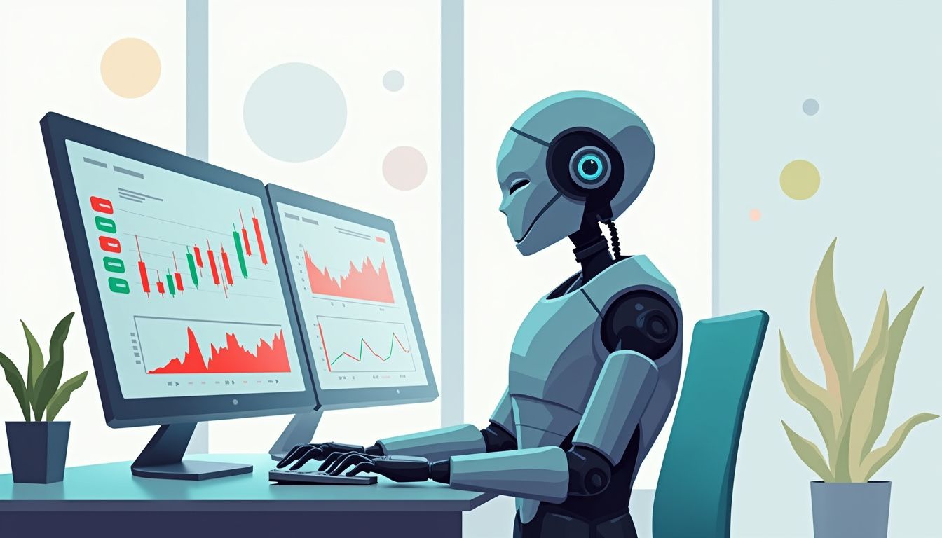 Sleek forex trading robot in a modern office with vibrant charts.