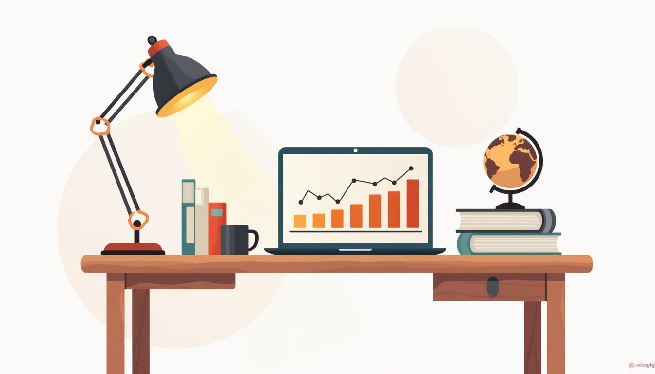 Minimalist home office with a wooden desk and financial icons.