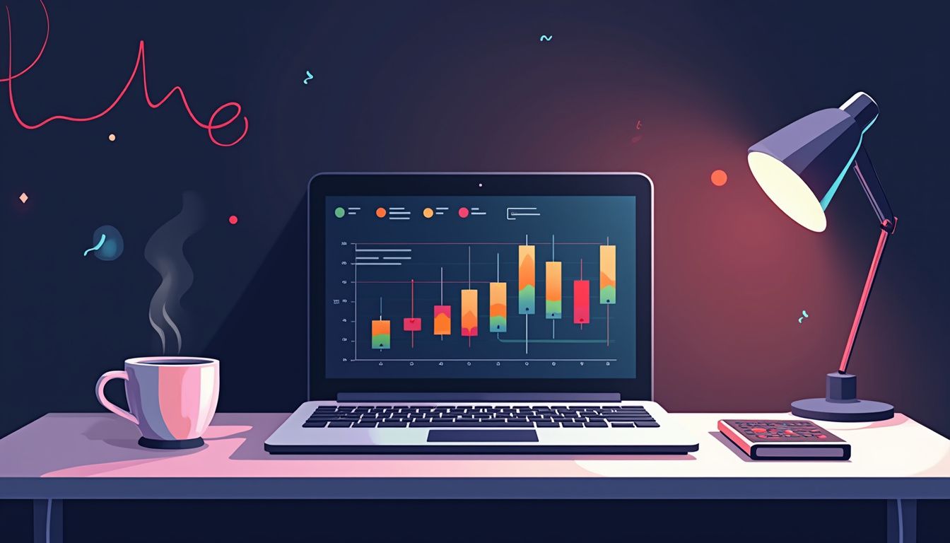 Minimalist desk setup with laptop, coffee cup, calculator, and notebook.