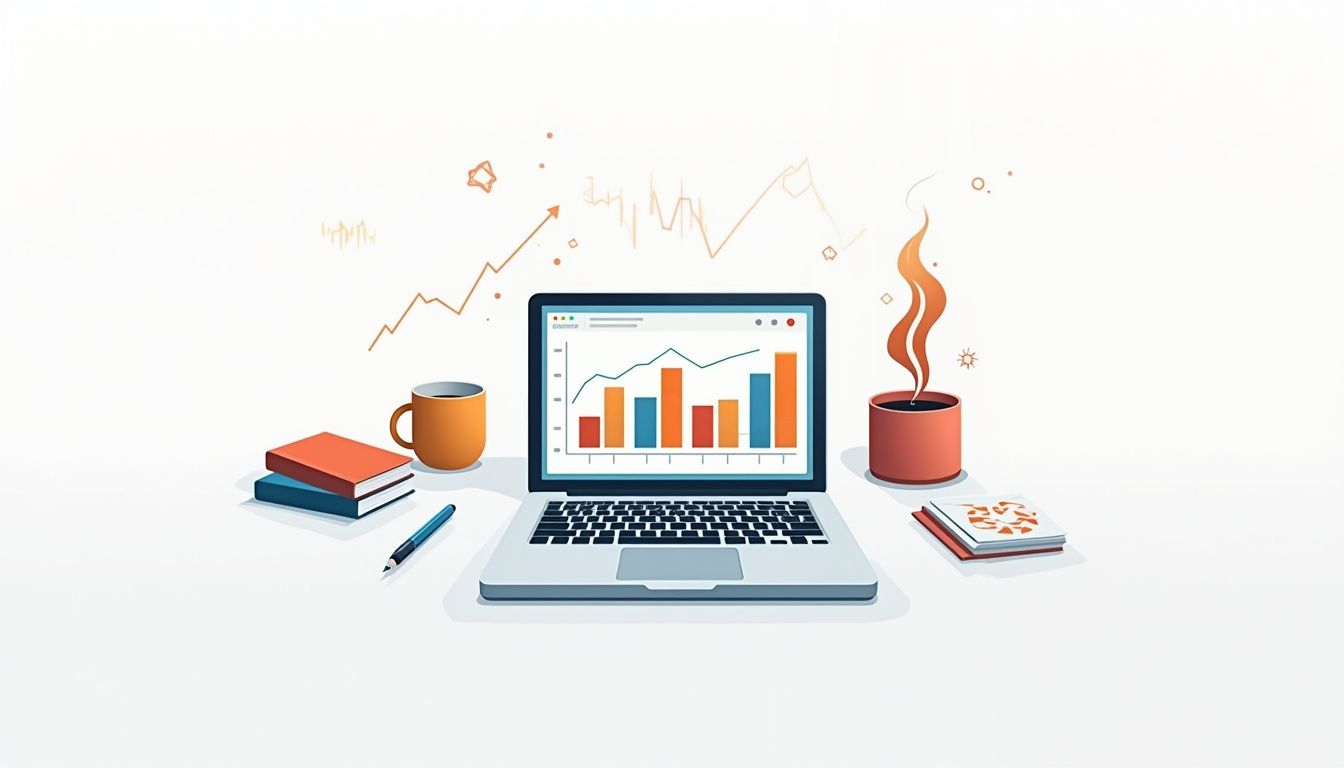 Minimalist vector illustration of a laptop with forex charts and books.