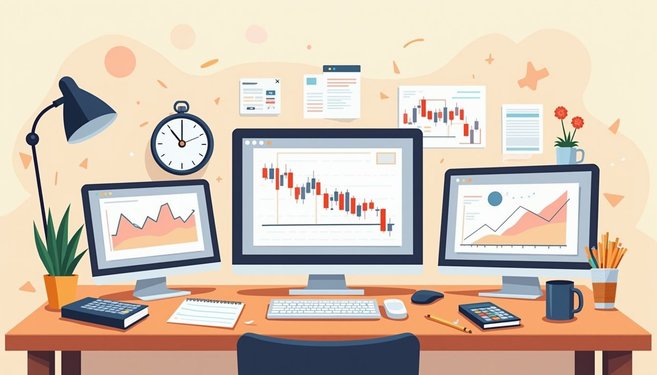 Minimalist vector illustration of a cluttered home office desk. Minimalist vector illustration of a cluttered home office desk.