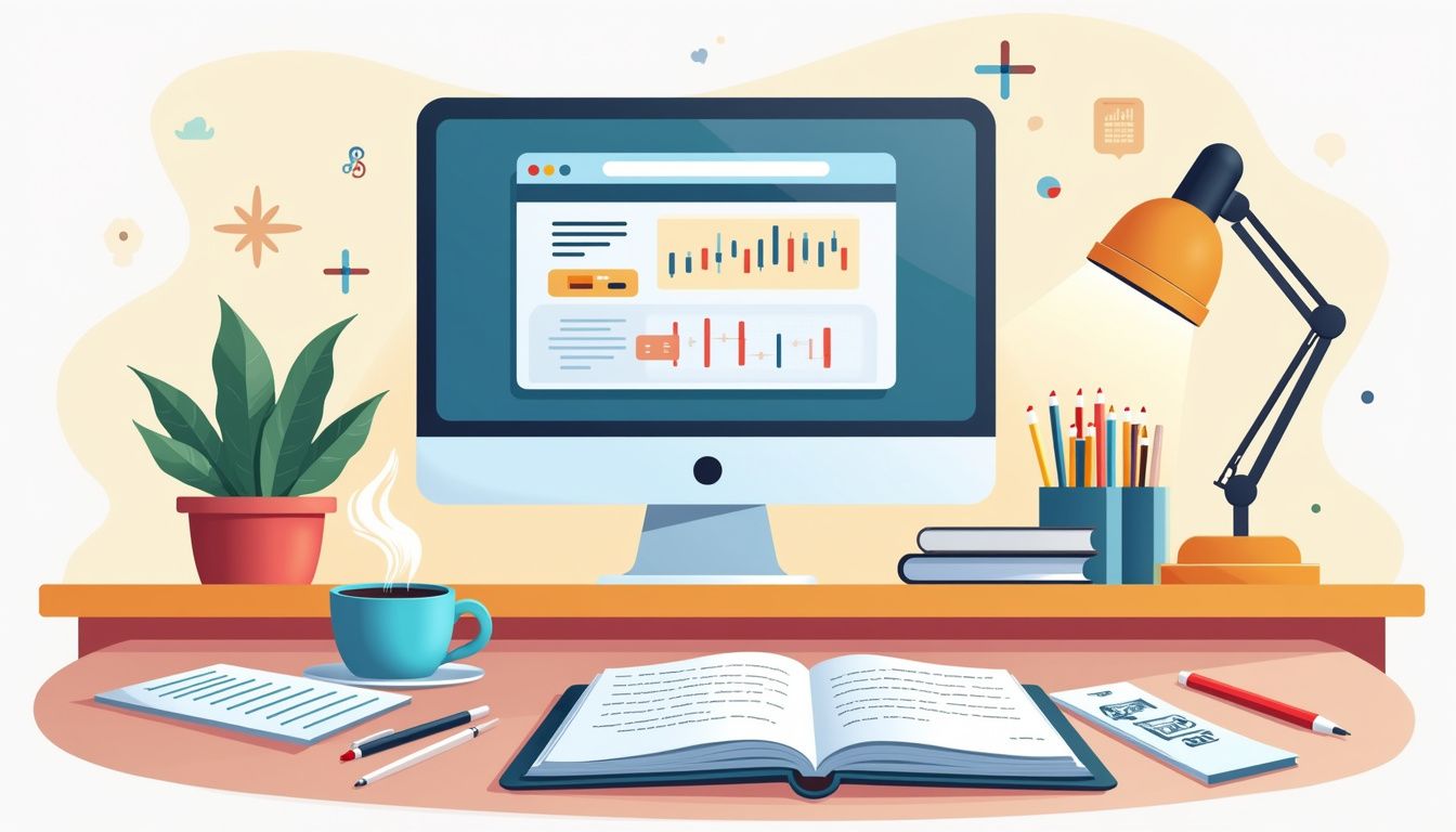 Minimalist flat illustration of a cluttered home office desk setup.