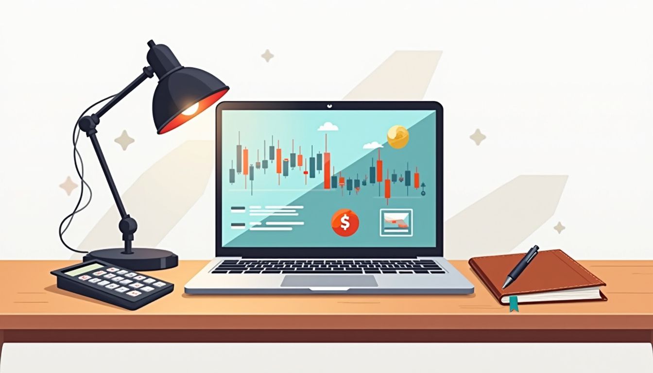 Minimalist illustration of a forex trading setup on a desk.