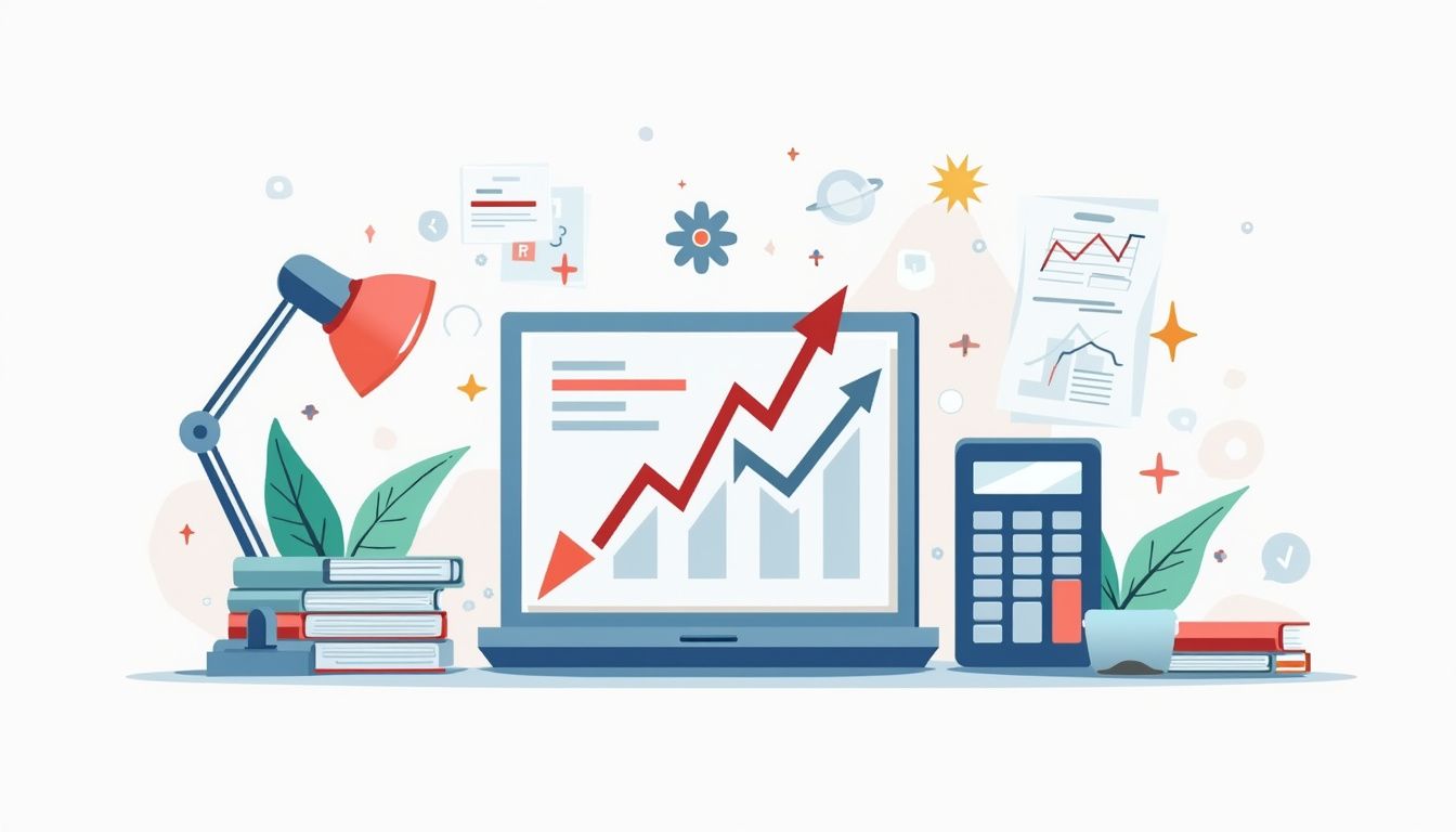 Minimalist flat vector illustration of a cluttered forex trading desk.