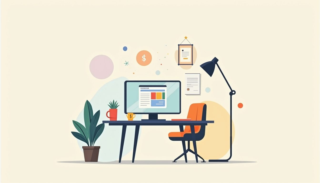 Minimalist vector illustration of a modern office workspace with pastel colours.
