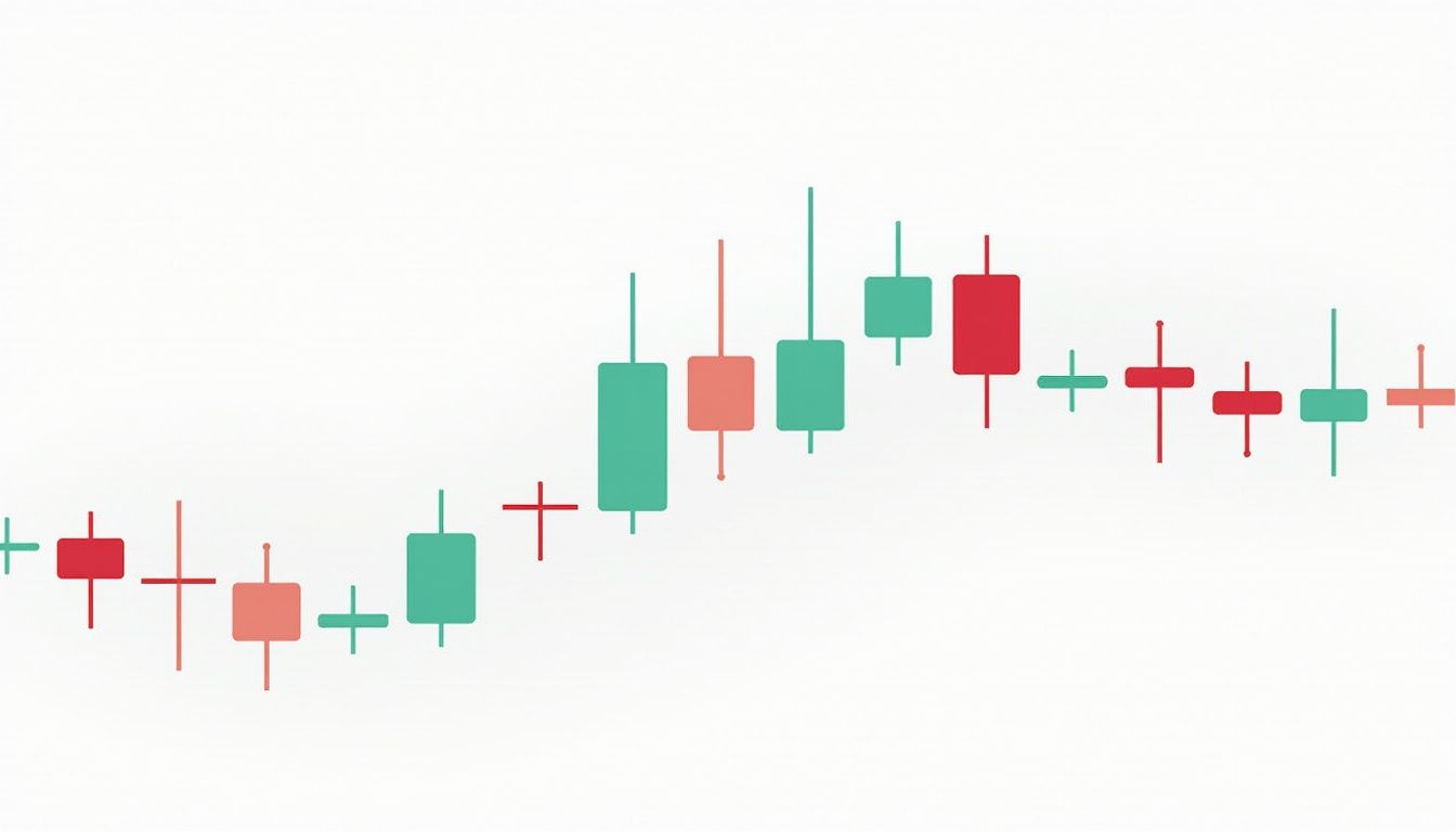 Flat vector illustration of a forex trading chart with vibrant candlesticks.
