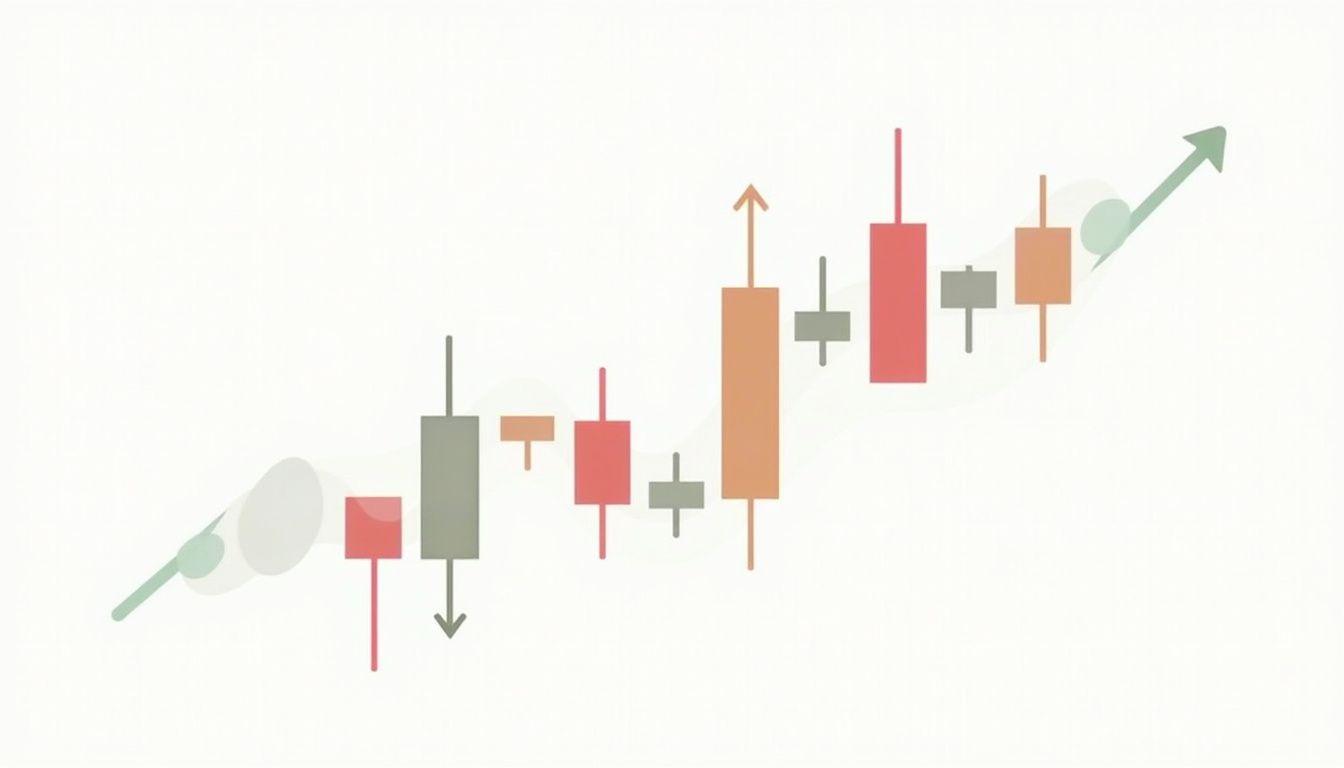 Minimalist flat vector illustration of a candlestick chart with volume indicators.