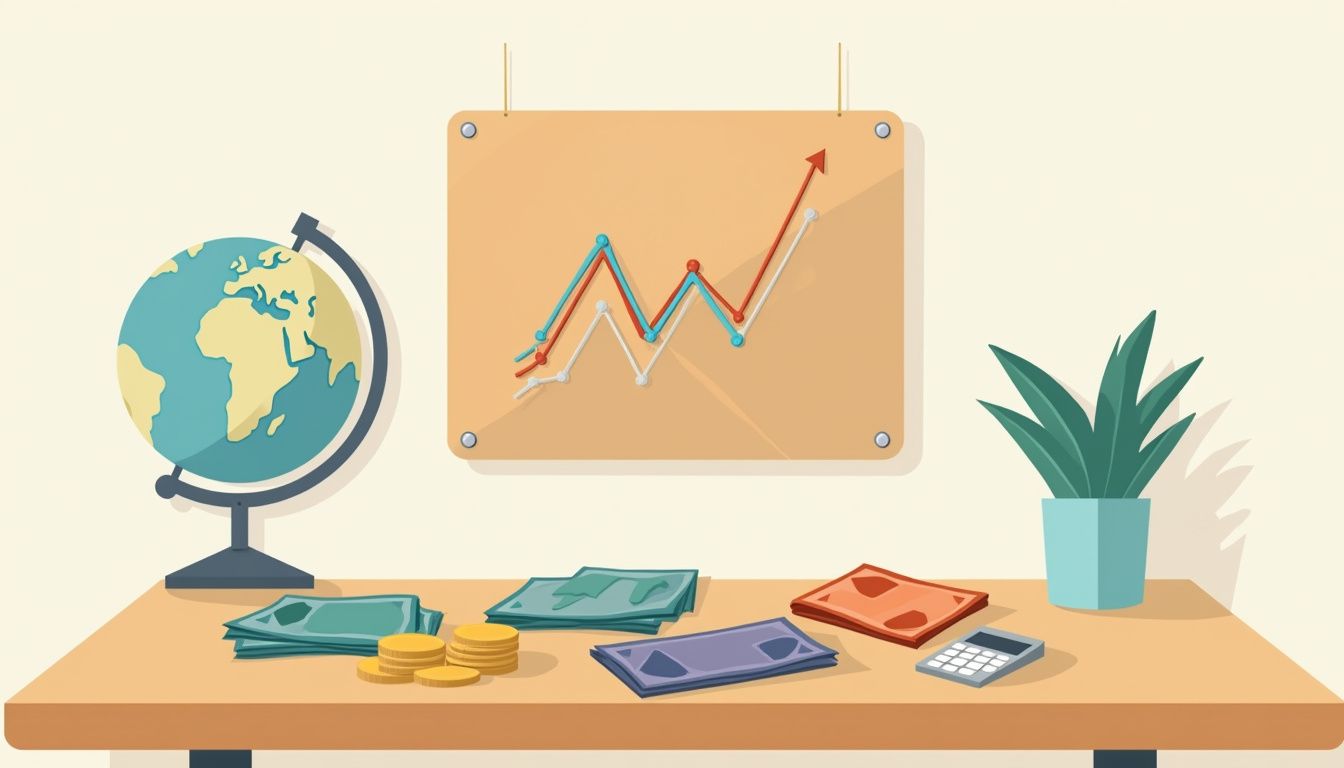 Minimalist workspace with geometric banknotes and simple icons in bold colours.