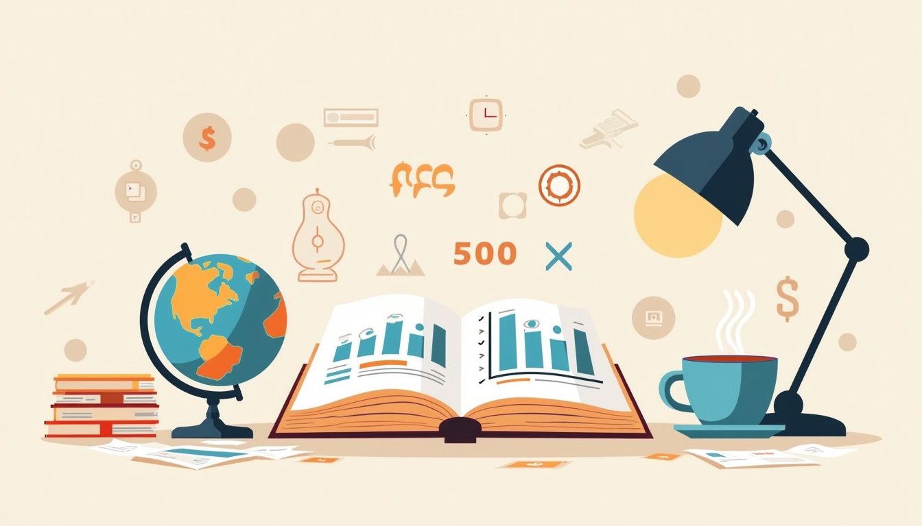 Minimalist vector illustration of a book with currency symbols and surrounding elements.